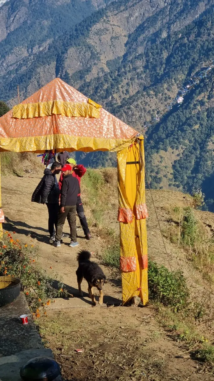 The wedding mandap, set against the Himalayan hills