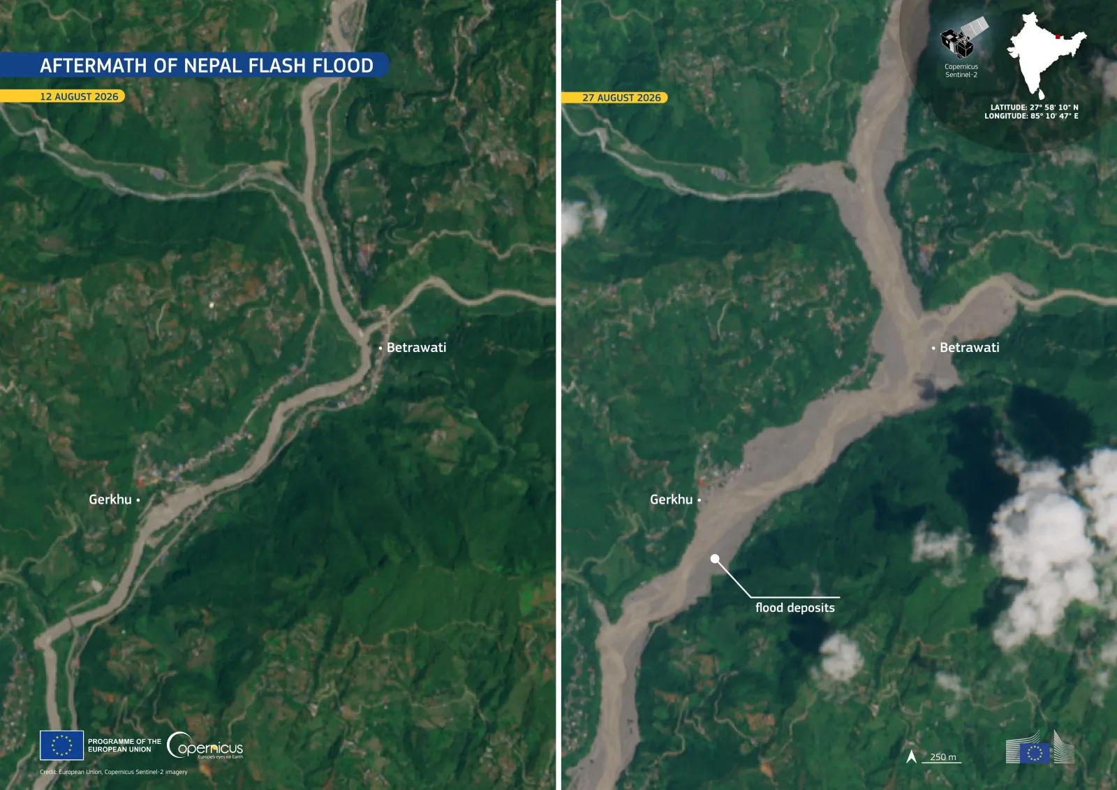 Copernicus Sentinel-2 satellite before-and-after of the Trishuli river near Betrawati and Gerkhu, showing the river widened and the valley buried in flood sediment between 12 and 27 August 2026
